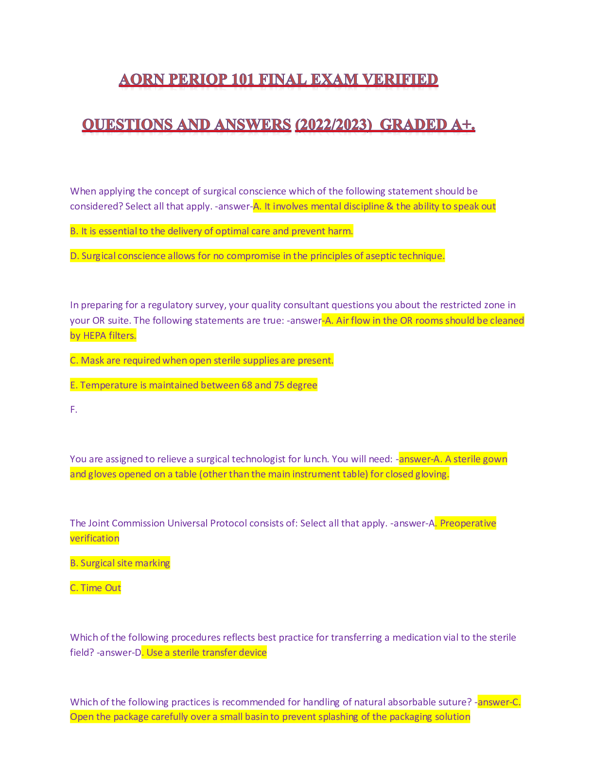 Preview image for AORN PERIOP 101 FINAL EXAM VERIFIED  QUESTIONS AND ANSWERS (2022/2023)  GRADED A+.